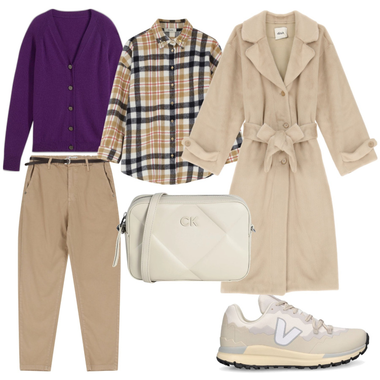 Outfit donna - Passeggiando in città. Stile Sporty chic per Tutti i giorni. Abbinamento con cardigans, borse a tracolla, pantaloni chino, cappotti, camicie, sneakers.