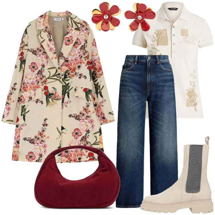 Outfit donna - Il trench fantasia floreale. Stile Romantica per Tutti i giorni. Abbinamento con stivaletti chelsea, trench, jeans, polo, borse a mano, orecchini.