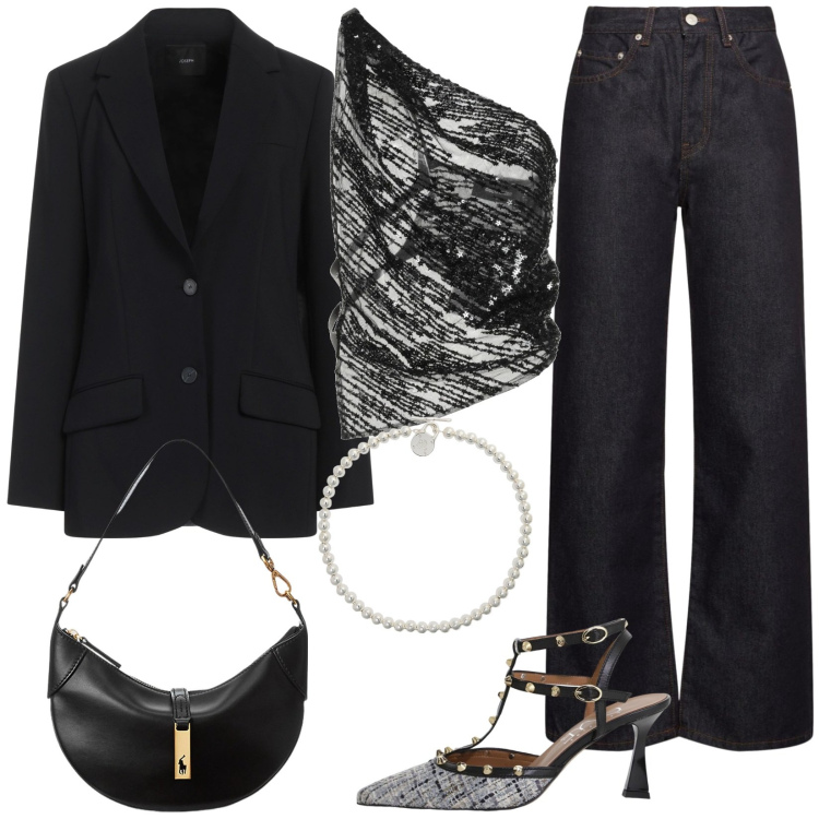Outfit donna - Casual chic di sera. Stile Glamour per Serata fuori. Abbinamento con blazer, top, décolleté, borse a spalla, collane, jeans dritti.