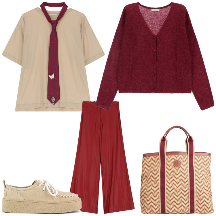 Outfit donna - T-shirt e cravatta. Stile Casual chic per Tutti i giorni. Abbinamento con borse a mano, cardigans, t-shirt, pantaloni a palazzo, mocassini.