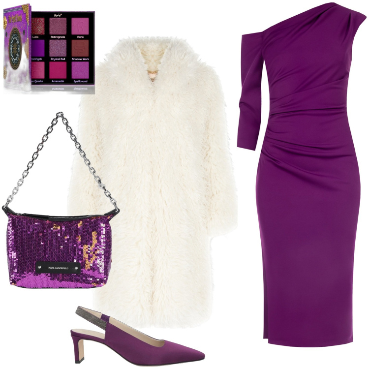Outfit donna - Chic con l\'abito asimmetrico. Stile Chic per Serata fuori. Abbinamento con borse a mano, décolleté, ombretti, cappotti, vestiti asimmetrici.