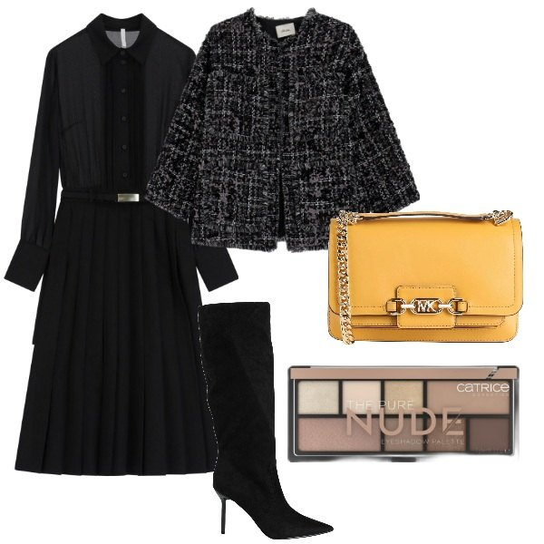 Outfit donna - Serata fuori. Stile Glamour per Serata fuori. Abbinamento con borse a spalla, stivali, ombretti, vestiti, blazer.