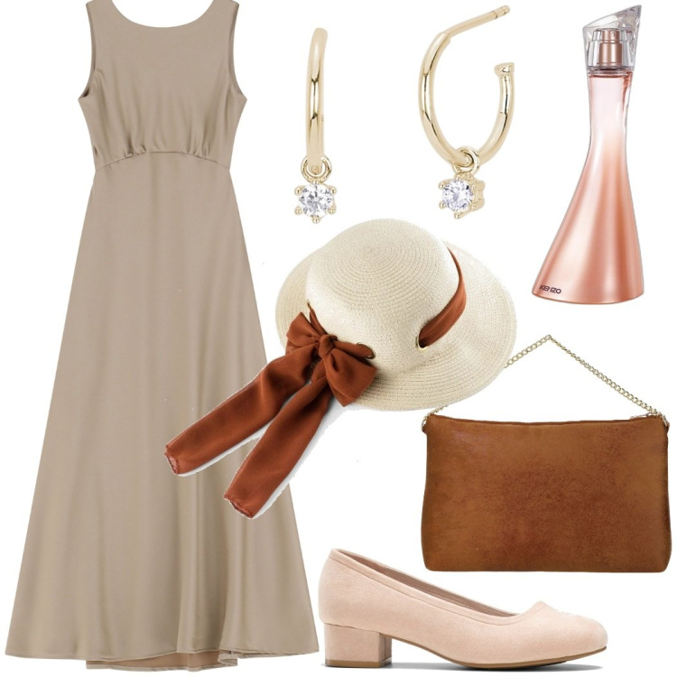 Outfit donna - Chic in beige. Stile Bon Ton per Cerimonia. Abbinamento con décolleté, cappelli, profumi, orecchini, pochette, vestiti lunghi.