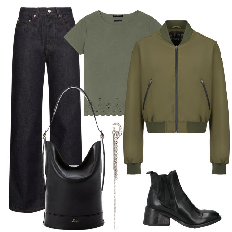 Outfit donna - Nero e Verde. Stile Rock per Tutti i giorni. Abbinamento con stivaletti chelsea, t-shirt, borse a secchiello, bomber, jeans dritti, orecchini.