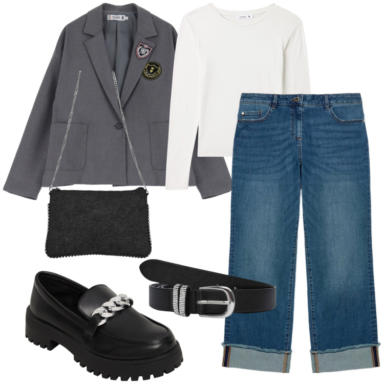 Outfit donna - Total look #2066418. per Tutti i giorni. Abbinamento con mocassini, cinture, t-shirt, borse a tracolla, blazer, jeans dritti.