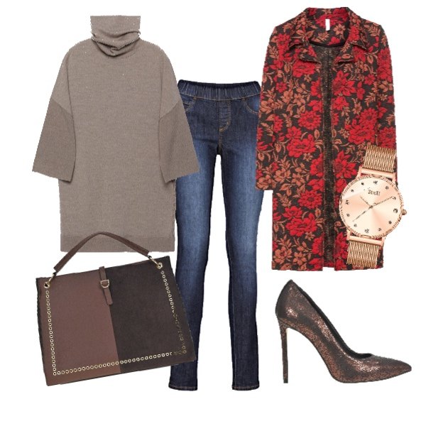 Outfit donna - Maxi maglia. Stile Trendy per Tutti i giorni. look ideale per Tall. Abbinamento con cappotti, jeggings, maglia maxi contrasto collo alto a maniche 3/4 con spacco, scarpe, borsa a tracolla tote con manico e zip in ecopelle con cinturino, bracciale rosa.