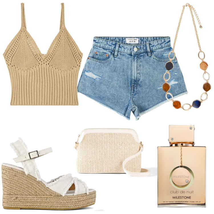 Outfit donna - Shorts e top. Stile Trendy per Tutti i giorni. Abbinamento con borse a tracolla, profumi, top, shorts, collane, sandali col tacco.