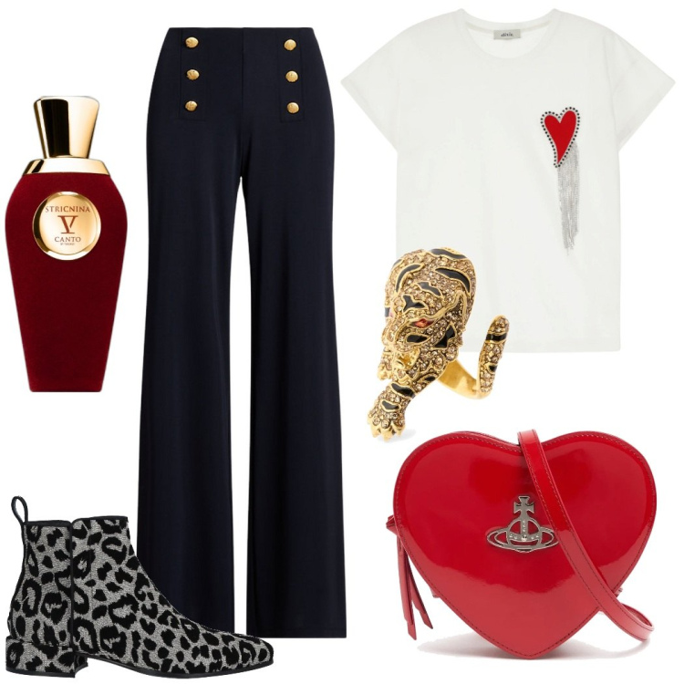 Outfit donna - Per non passare inosservata. Stile Trendy per Serata fuori. Abbinamento con stivaletti, profumi, t-shirt, pantaloni, borse a spalla, anelli.