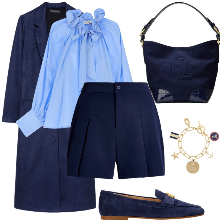 Outfit donna - Navy. Stile Casual chic per Ufficio. Abbinamento con camicie, mocassini, minigonne, borse a secchiello, braccialetti con ciondoli, trench.