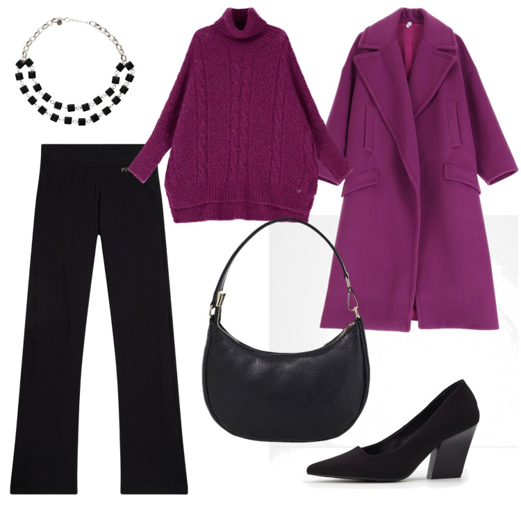 Outfit donna - Total look #2066429. Stile Trendy per Ufficio. Abbinamento con décolleté, maglieria, cappotti, pantaloni, borse a spalla, collane.