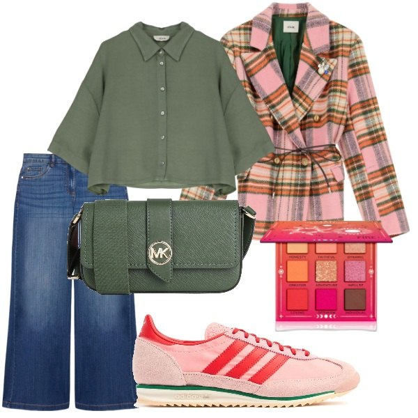 Outfit donna - Occhio alla giacca. Stile Trendy per Tutti i giorni. Abbinamento con borse a tracolla, ombretti, blazer, camicie, jeans, sneakers.