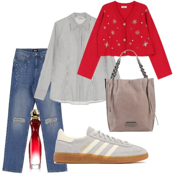 Outfit donna - Total look #2066437. Stile Casual chic per Cerimonia. Abbinamento con borse a mano, profumi, cardigans, jeans strappati, camicie, sneakers.