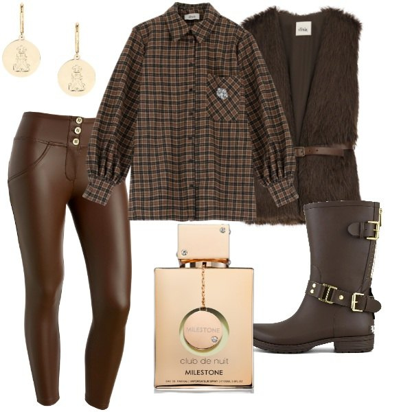 Outfit donna - Serata fuori. Stile Trendy per Serata fuori. Abbinamento con profumi, pantaloni skinny, gilet, camicie, orecchini, stivali.