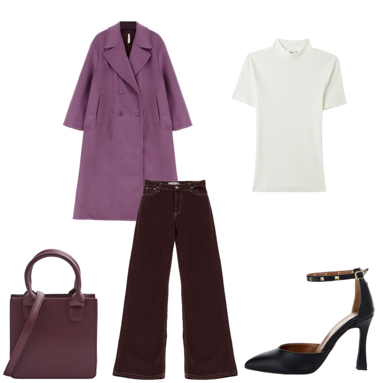 Outfit donna - Dinamic. Stile Casual chic per Serata fuori. Abbinamento con shopping bag, t-shirt, jeans a zampa, décolleté, cappotti.