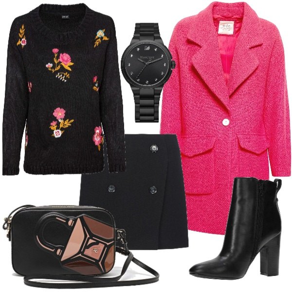 Outfit donna - Trendy #27952. Stile Trendy per Ufficio. Abbinamento con pullover fantasia floreale con ricamo nero e corda, gonna nero, giubbotto rosa, tronchetti con zip, borsa a tracolla effetto vernice con zip interno foderato con tasca interna oro, orologio.