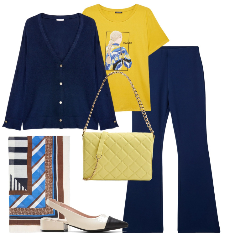 Outfit donna - City. Stile Urban per Tutti i giorni. Abbinamento con décolleté, pantaloni, borse a tracolla, foulard, cardigans, t-shirt.