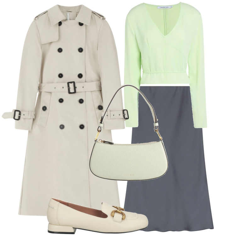 Outfit donna - Office style. Stile Casual chic per Ufficio. Abbinamento con mocassini, top, borse a mano, trench, gonne.