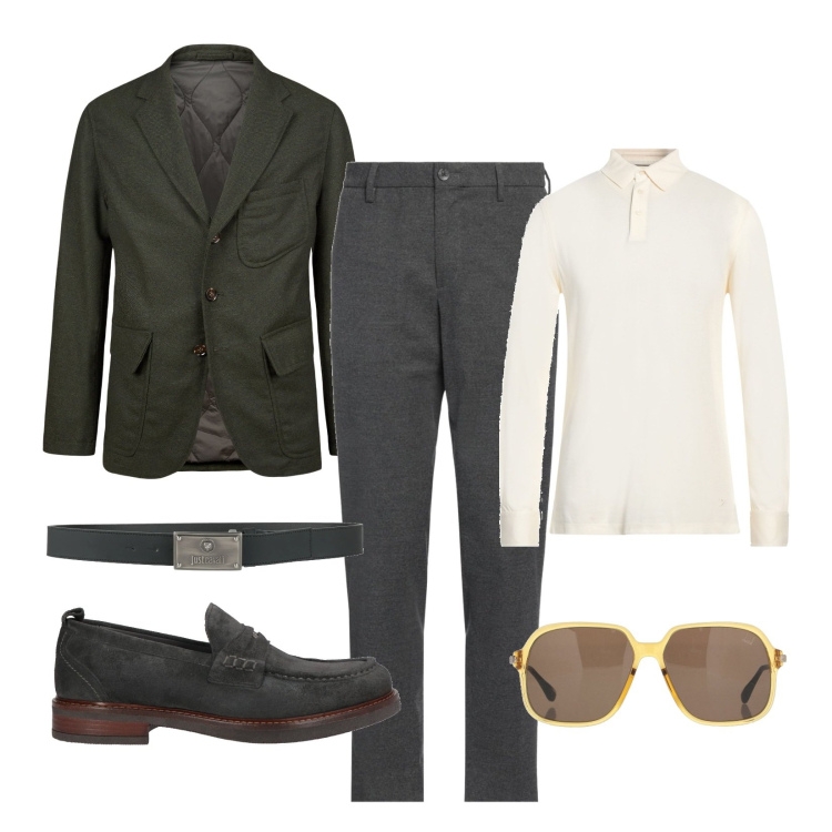 Outfit uomo - Blazer in tessuto Tweed!!!. Stile Business/Elegante per Ufficio. Abbinamento con occhiali da sole, scarpe stringate, pantaloni chino, cinture, polo, giacche.