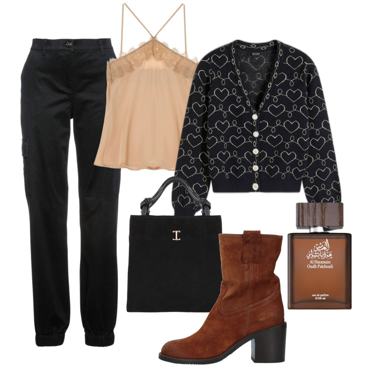 Outfit donna - Il pizzo. Stile Casual chic per Tutti i giorni. Abbinamento con pantaloni cargo, cardigans, stivaletti, profumi, top, shopping bag.