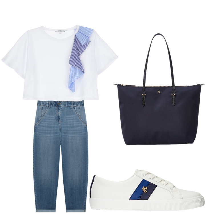Outfit donna - Aperitivo. Stile Trendy per Tutti i giorni. Abbinamento con t-shirt, sneakers, borse tote, jeans.