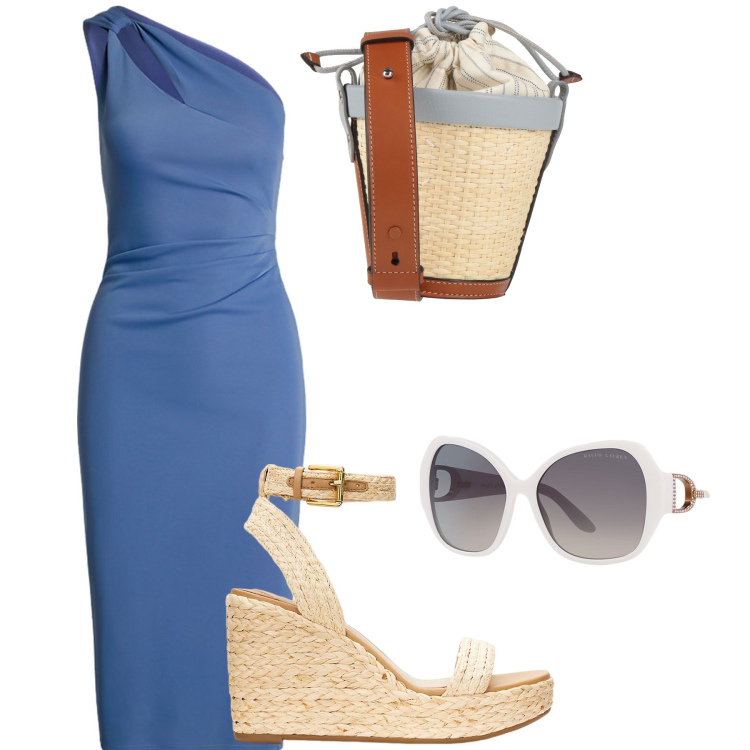 Outfit donna - Gita al mare. Stile Casual chic Abbinamento con borse a spalla, occhiali da sole, zeppe, vestiti asimmetrici.
