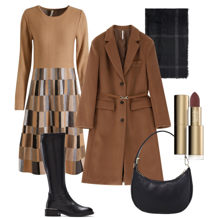 Outfit donna - Ancora tempo di cappotto. Stile Glamour per Tutti i giorni. Abbinamento con vestiti, stivali, rossetti, cappotti, borse a spalla, sciarpe.