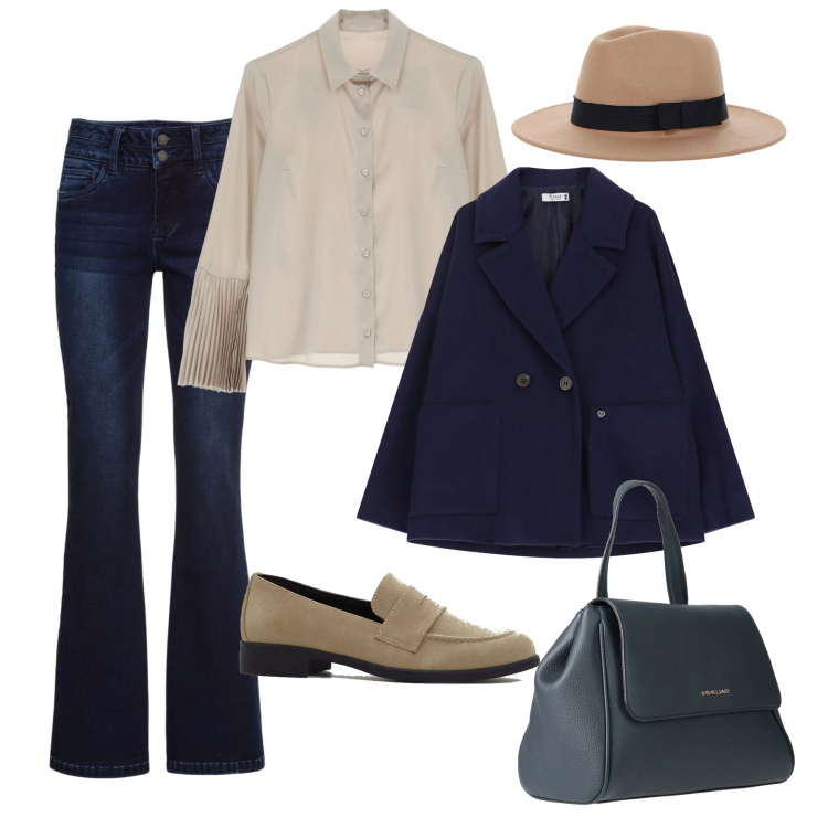 Outfit donna - Basica con la camicia plissé. Stile Basic per Tutti i giorni. Abbinamento con jeans bootcut, mocassini, zaini, blazer, camicie, cappelli.
