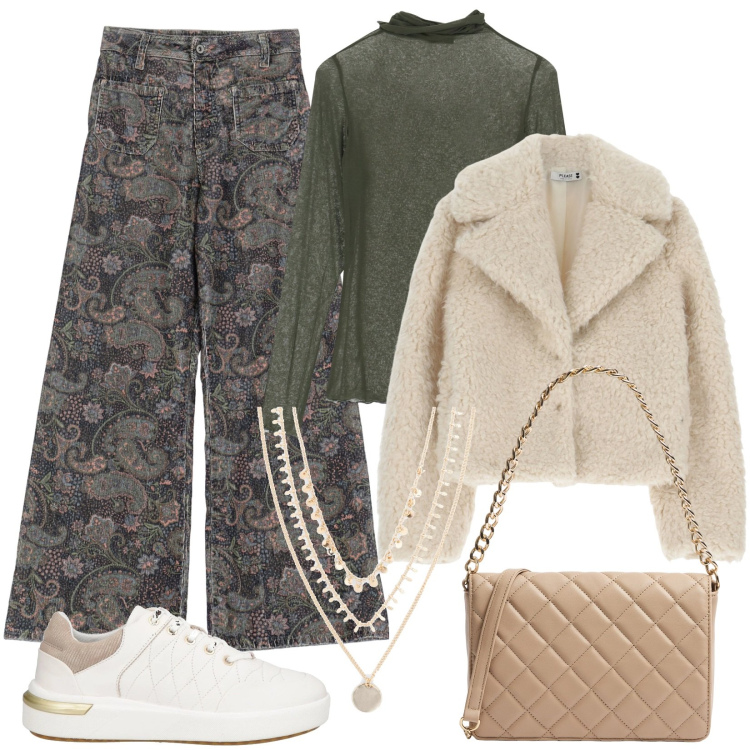 Outfit donna - Serata casual-chic. Stile Casual chic per Serata fuori. Abbinamento con collane, sneakers, borse a tracolla, blazer, pantaloni, maglieria.