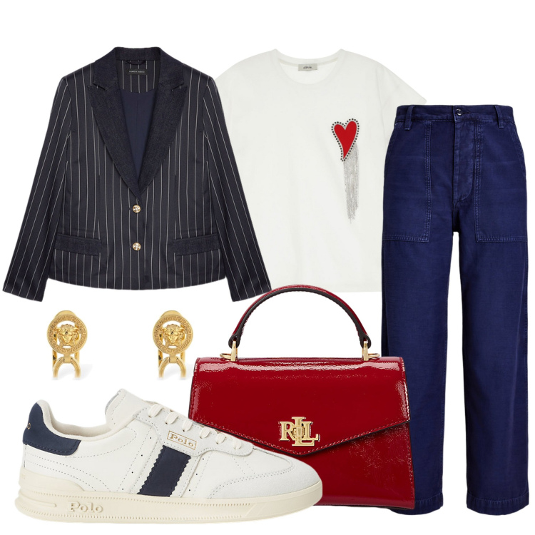 Outfit donna - Look at me!. Stile Casual chic per Serata fuori. look ideale per Tall. Abbinamento con t-shirt, sneakers, borse a mano, pantaloni, blazer, orecchini.