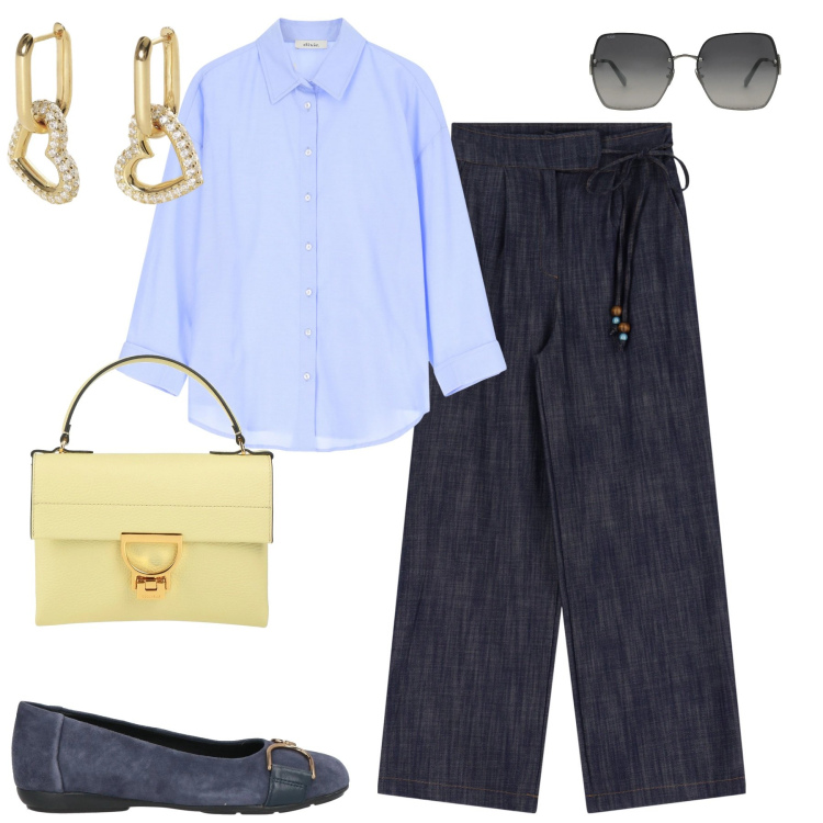 Outfit donna - Una ventata di freschezza. Stile Trendy per Tutti i giorni. Abbinamento con ballerine, occhiali da sole, borse a mano, orecchini, camicie, pantaloni.