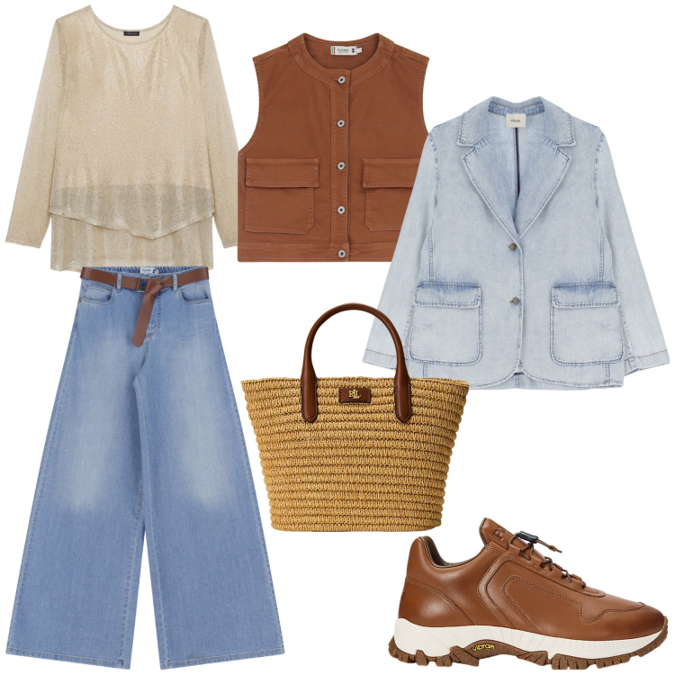Outfit donna - Comoda e sportiva. Stile Casual chic per Scuola/Università. Abbinamento con gilet, jeans, blazer, sneakers, borse tote, t-shirt.