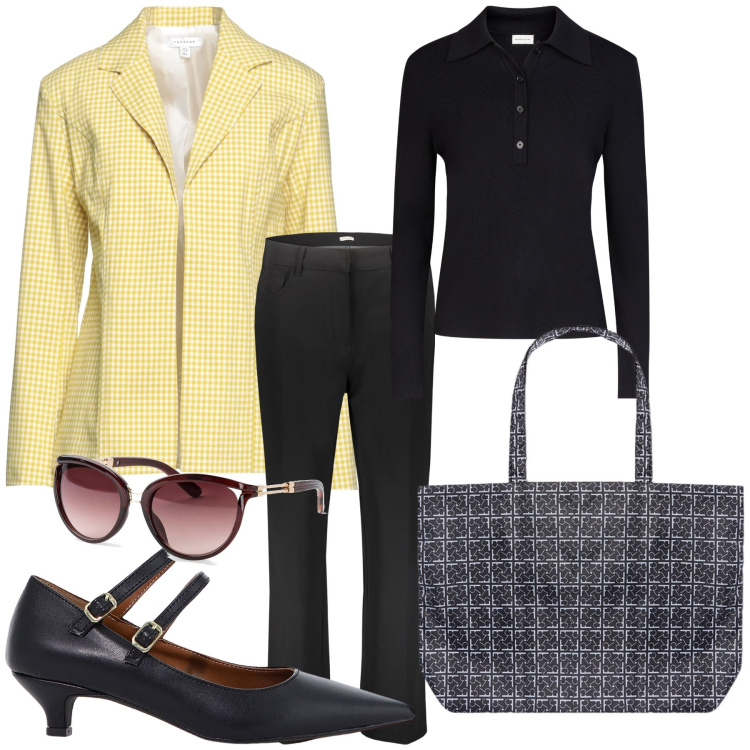 Outfit donna - Un tocco di giallo. Stile Urban per Ufficio. Abbinamento con occhiali da sole, blazer, décolleté, pantaloni, shopping bag, polo.