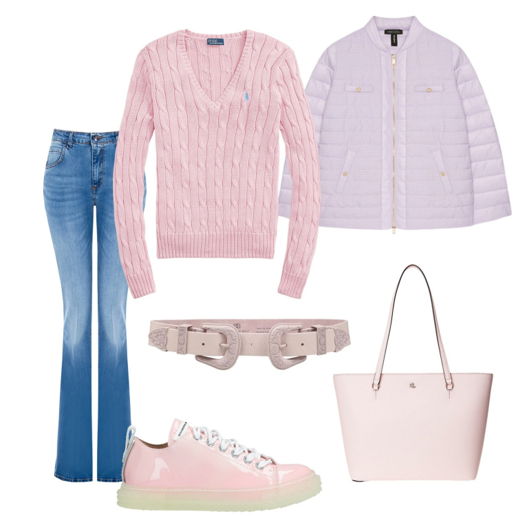 Outfit donna - Commissioni in pastello. Stile Casual chic per Tutti i giorni. Abbinamento con cinture, sneakers, jeans a zampa, maglieria, borse tote, piumini.