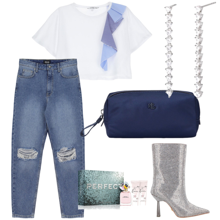 Outfit donna - Gli stivaletti wow. Stile Glamour per Serata fuori. Abbinamento con stivaletti, profumi, orecchini, t-shirt, jeans strappati, pochette.