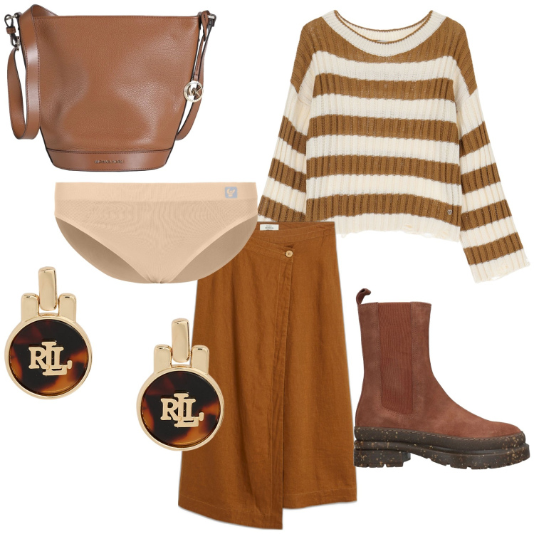 Outfit donna - Con amica al bar. Stile Urban per Tutti i giorni. Abbinamento con gonne, stivaletti, borse a spalla, maglieria, culotte, orecchini.
