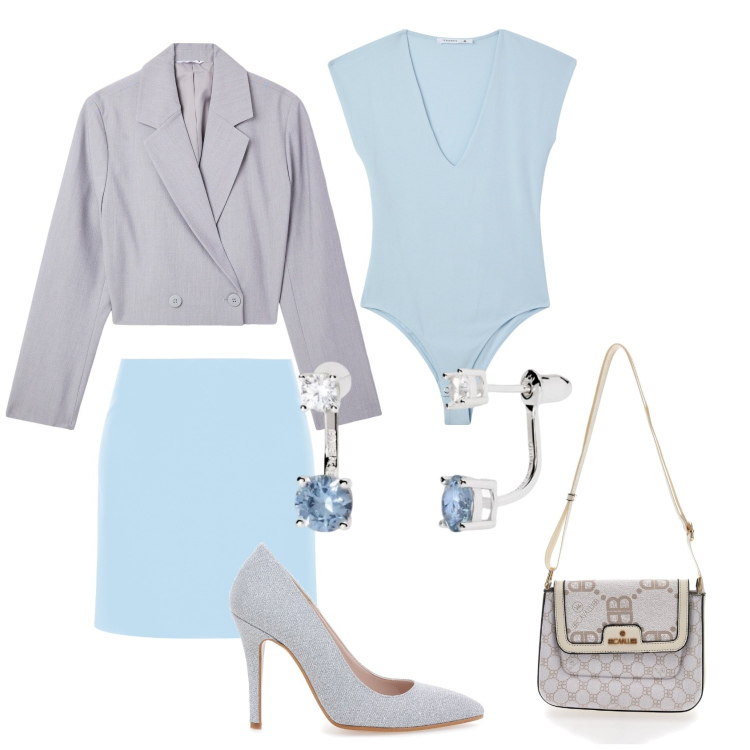 Outfit donna - Eleganza in pastello a piccolo budget. Stile Chic per Ufficio. Abbinamento con blazer, body, orecchini, minigonne, décolleté, borse a tracolla.