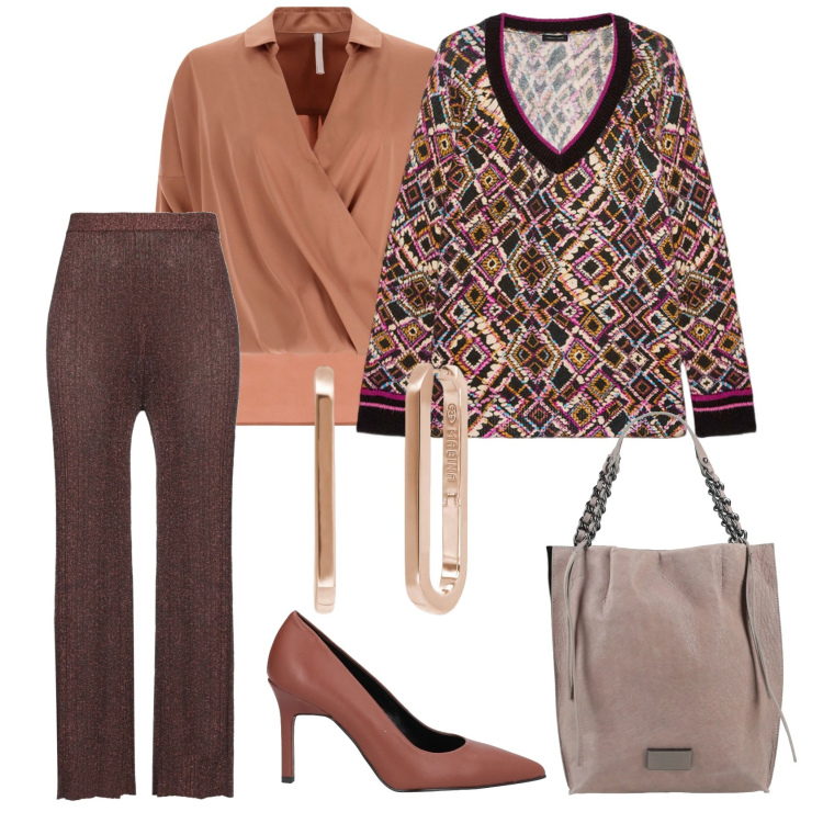 Outfit donna - Indovina il colore. Stile Casual chic per Ufficio. Abbinamento con pantaloni, décolleté, borse a mano, orecchini, bluse, maglieria.