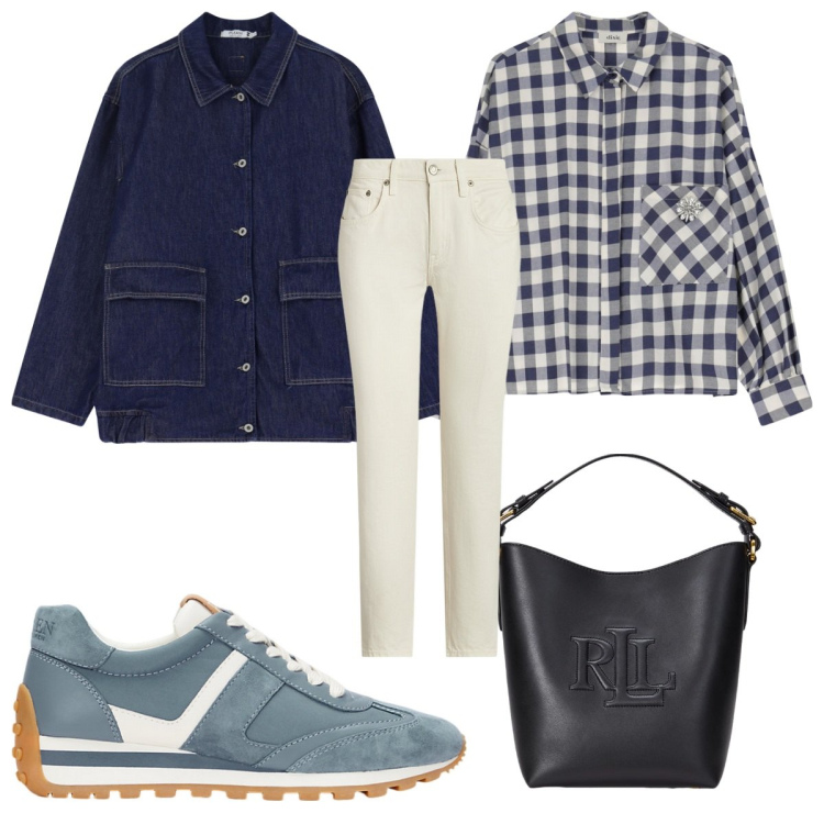 Outfit donna - Total look #2066590. Stile Trendy per Tutti i giorni. Abbinamento con blazer, jeans, borse a secchiello, sneakers, camicie.