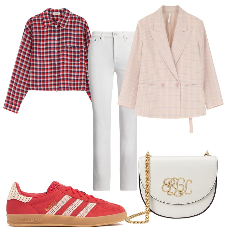 Outfit donna - Total look #2066591. Stile Trendy per Tutti i giorni. Abbinamento con blazer, camicie, borse a tracolla, jeans dritti, sneakers.