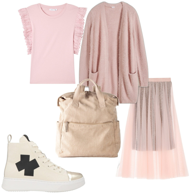 Outfit donna - L\'amica estrosa che ama il rosa. Stile Casual per Tutti i giorni. Abbinamento con zaini, cardigans, sneakers alte, t-shirt, gonne lunghe.