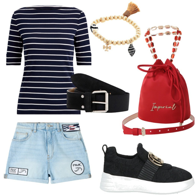 Outfit donna - La maglia a righe. Stile Casual chic per Tutti i giorni. Abbinamento con braccialetti, sneakers, shorts, borse a secchiello, maglieria, cinture.