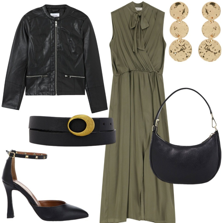 Outfit donna - Fuori a cena. Stile Casual chic per Serata fuori. Abbinamento con blazer, vestiti senza maniche, borse a spalla, décolleté, cinture, orecchini.