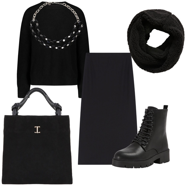 Outfit donna - Lavoro molto serio. Stile Urban per Ufficio. Abbinamento con sciarpe, anfibi, gonne lunghe, shopping bag, collane, maglieria.