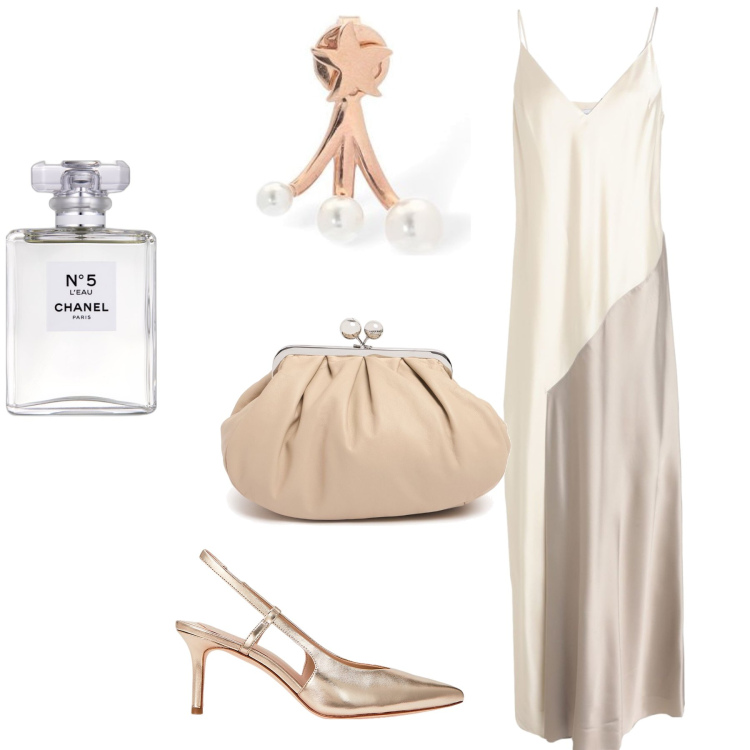 Outfit donna - Elegante evento serale. Stile Bon Ton per Serata fuori. Abbinamento con vestiti lunghi, profumi, décolleté, orecchini, pochette.
