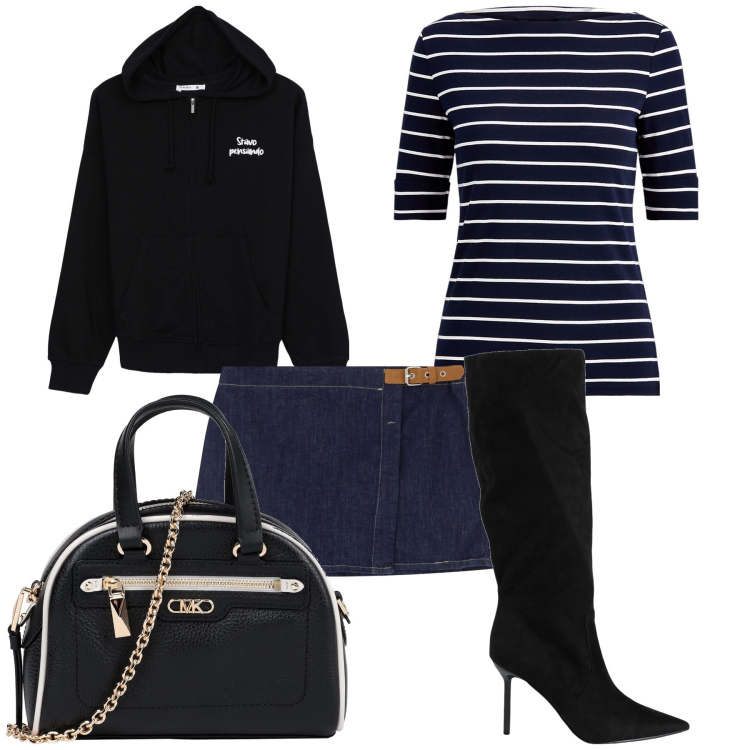 Outfit donna - Girlish con tacco a spillo. Stile Preppy per Tutti i giorni. Abbinamento con borse a mano, stivali, felpe con cappuccio, minigonne, maglieria.