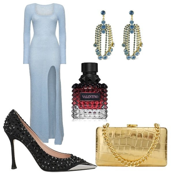 Outfit donna - per la notte degli Oscar. Stile Chic per Serata fuori. Abbinamento con décolleté, profumi, clutch, orecchini, vestiti.