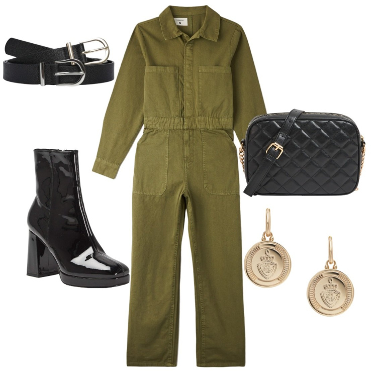 Outfit donna - Meccanico sexy. Stile Casual per Serata fuori. Abbinamento con tute, cinture, stivaletti, borse a tracolla, orecchini.