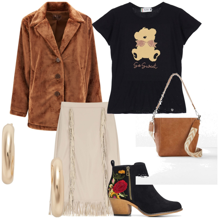 Outfit donna - Ritorno ai settanta. Stile Vintage retrò per Tutti i giorni. Abbinamento con stivaletti, borse a tracolla, t-shirt, gonne longuette, cappotti, orecchini.