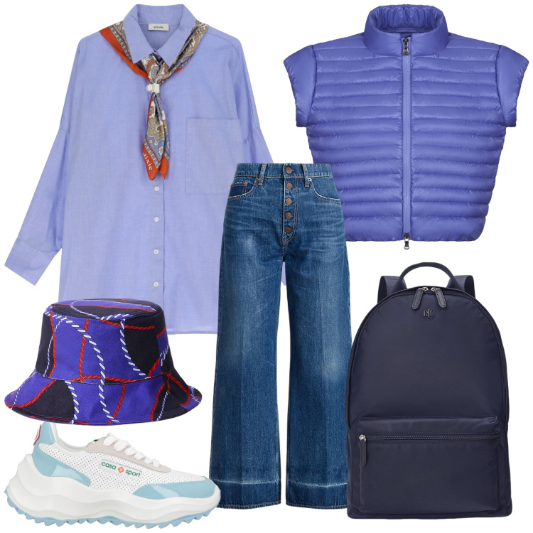 Outfit donna - Weekend al mare. Stile Casual chic per Mare. Abbinamento con sneakers, camicie, zaini, jeans, cappelli, blazer.