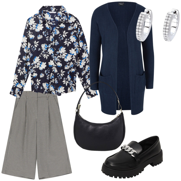 Outfit donna - Buongiorno. per Tutti i giorni. Abbinamento con cardigans, camicie, mocassini, orecchini, pantaloni, borse a spalla.